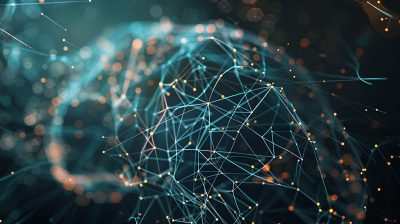 O reprezentare abstractă a unui creier digital sau a unei rețele neuronale, cu puncte luminoase interconectate prin linii subțiri, sugerând procesarea complexă a datelor și inteligența din spatele algoritmilor de căutare. Culorile dominante ar putea fi albastru, verde și alb, cu accente luminoase.