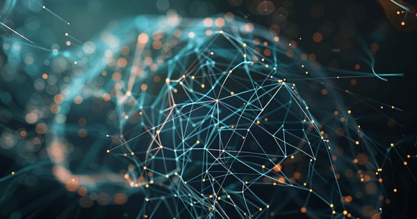 O reprezentare abstractă a unui creier digital sau a unei rețele neuronale, cu puncte luminoase interconectate prin linii subțiri, sugerând procesarea complexă a datelor și inteligența din spatele algoritmilor de căutare. Culorile dominante ar putea fi albastru, verde și alb, cu accente luminoase.
