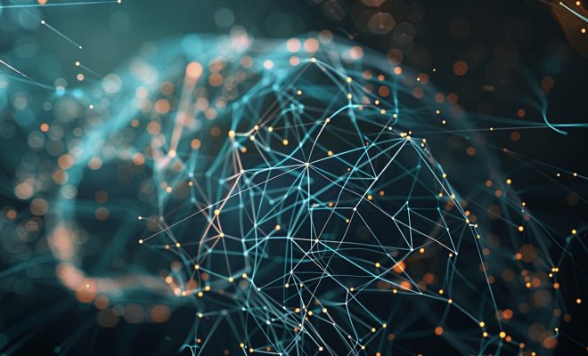 O reprezentare abstractă a unui creier digital sau a unei rețele neuronale, cu puncte luminoase interconectate prin linii subțiri, sugerând procesarea complexă a datelor și inteligența din spatele algoritmilor de căutare. Culorile dominante ar putea fi albastru, verde și alb, cu accente luminoase.