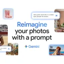 Grafic promoțional pentru Google Gemini care arată exemple de imagini create și editate cu ajutorul inteligenței artificiale, cum ar fi adăugarea unei canapele într-o cameră sau schimbarea contextului unei persoane.