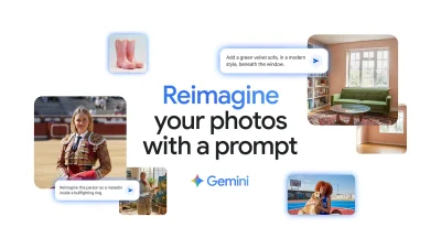 Grafic promoțional pentru Google Gemini care arată exemple de imagini create și editate cu ajutorul inteligenței artificiale, cum ar fi adăugarea unei canapele într-o cameră sau schimbarea contextului unei persoane.