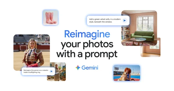 Grafic promoțional pentru Google Gemini care arată exemple de imagini create și editate cu ajutorul inteligenței artificiale, cum ar fi adăugarea unei canapele într-o cameră sau schimbarea contextului unei persoane.