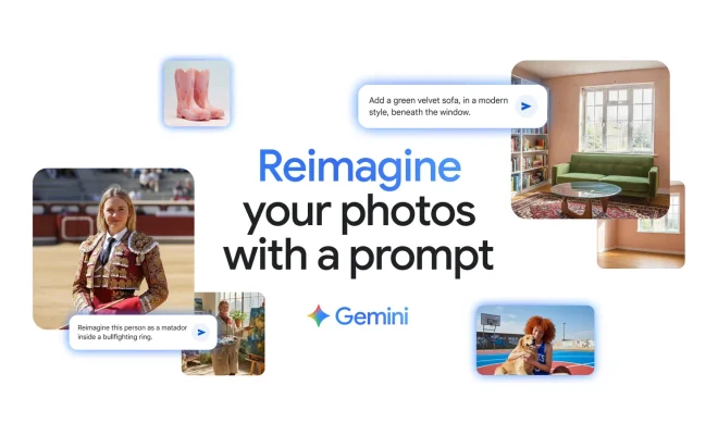 Grafic promoțional pentru Google Gemini care arată exemple de imagini create și editate cu ajutorul inteligenței artificiale, cum ar fi adăugarea unei canapele într-o cameră sau schimbarea contextului unei persoane.