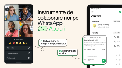 Captură de ecran cu noua funcție de apeluri programate WhatsApp, arătând lista de apeluri și meniul de programare.