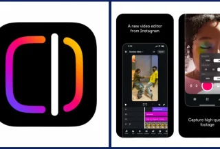 Colaj cu logo-ul aplicației Instagram Edits și două capturi de ecran care arată interfața de editare video și opțiunile camerei.