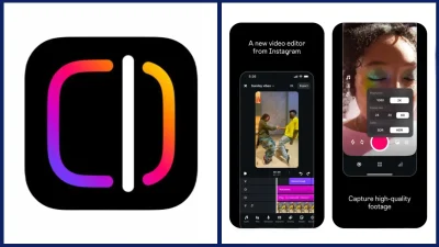 Colaj cu logo-ul aplicației Instagram Edits și două capturi de ecran care arată interfața de editare video și opțiunile camerei.