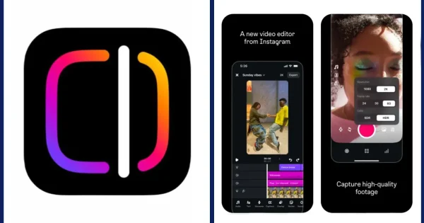 Colaj cu logo-ul aplicației Instagram Edits și două capturi de ecran care arată interfața de editare video și opțiunile camerei.