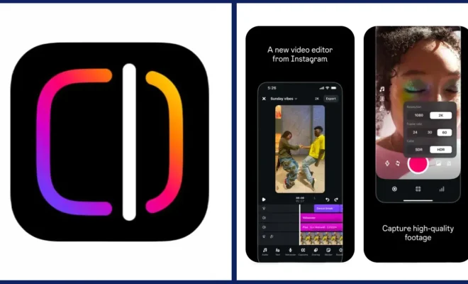 Colaj cu logo-ul aplicației Instagram Edits și două capturi de ecran care arată interfața de editare video și opțiunile camerei.