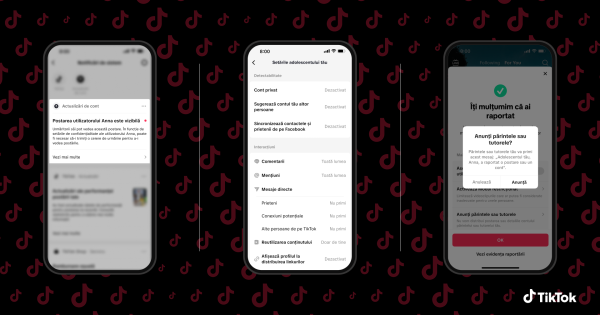 trei telefoane pe fundal negru interfata tiktok control parental