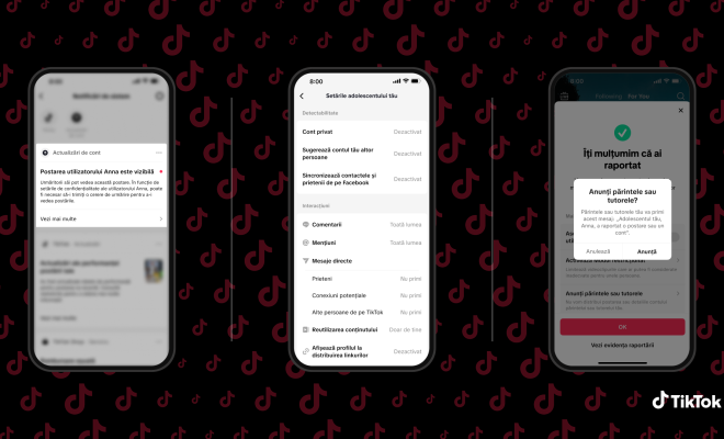trei telefoane pe fundal negru interfata tiktok control parental