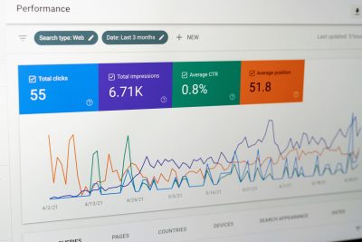 Panoul de control Google Search Console cu raportul de performanță.