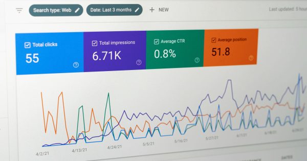 Panoul de control Google Search Console cu raportul de performanță.