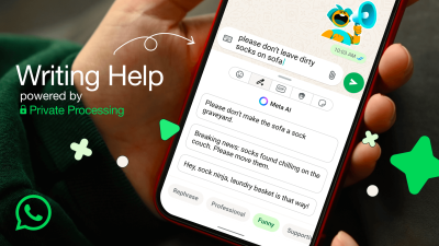 O persoană folosește funcția Meta AI din WhatsApp pentru a reformula un mesaj în mai multe variante, cu tonuri diferite.