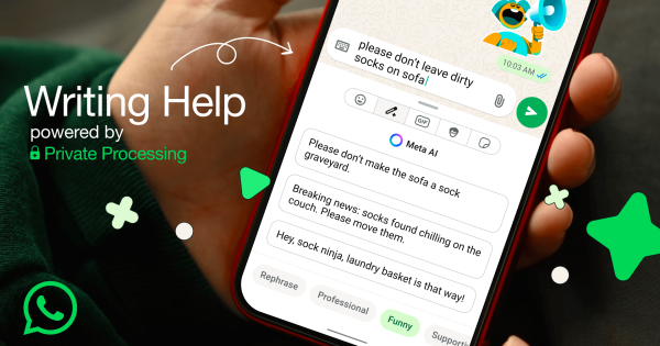 O persoană folosește funcția Meta AI din WhatsApp pentru a reformula un mesaj în mai multe variante, cu tonuri diferite.
