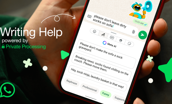 O persoană folosește funcția Meta AI din WhatsApp pentru a reformula un mesaj în mai multe variante, cu tonuri diferite.
