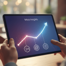 O persoană privește o tabletă cu un grafic de creștere luminat, indicând Meta Insights, alături de pictograme pentru Reels, Threads și AI.
