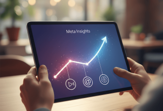 O persoană privește o tabletă cu un grafic de creștere luminat, indicând Meta Insights, alături de pictograme pentru Reels, Threads și AI.