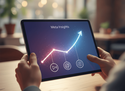 O persoană privește o tabletă cu un grafic de creștere luminat, indicând Meta Insights, alături de pictograme pentru Reels, Threads și AI.