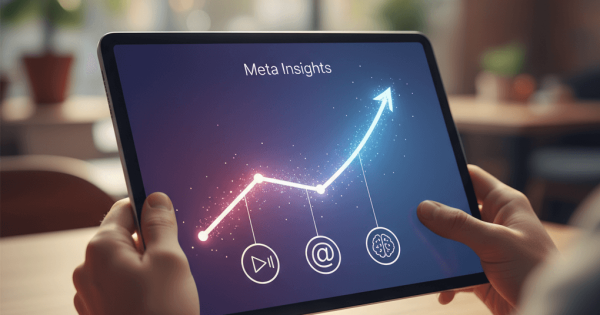 O persoană privește o tabletă cu un grafic de creștere luminat, indicând Meta Insights, alături de pictograme pentru Reels, Threads și AI.