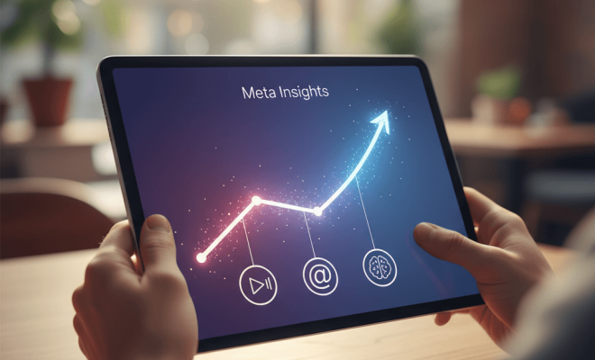 O persoană privește o tabletă cu un grafic de creștere luminat, indicând Meta Insights, alături de pictograme pentru Reels, Threads și AI.