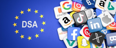 Reprezentare grafică a Digital Services Act (DSA) al Uniunii Europene, alături de logo-urile marilor platforme online precum Google, Amazon, Apple și TikTok.