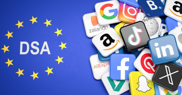 Reprezentare grafică a Digital Services Act (DSA) al Uniunii Europene, alături de logo-urile marilor platforme online precum Google, Amazon, Apple și TikTok.