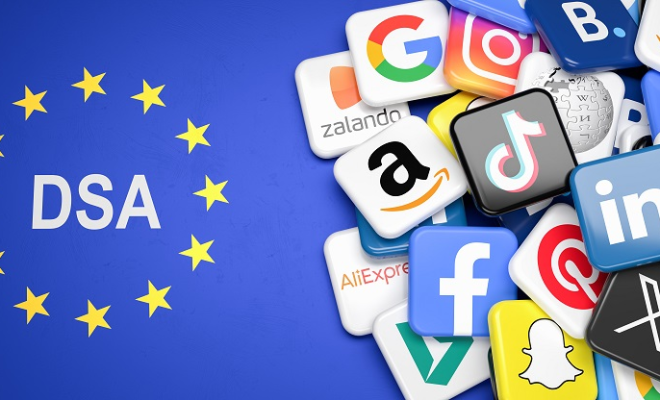 Reprezentare grafică a Digital Services Act (DSA) al Uniunii Europene, alături de logo-urile marilor platforme online precum Google, Amazon, Apple și TikTok.