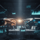 Mână umană și mână de robot atingându-se, simbolizând rolul AI generativ în optimizarea Performance Max pentru marketingul digital, înconjurate de grafice și date.