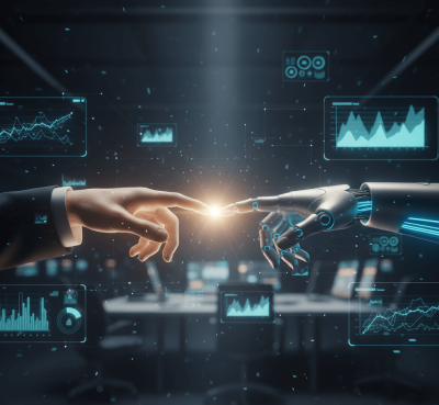 Mână umană și mână de robot atingându-se, simbolizând rolul AI generativ în optimizarea Performance Max pentru marketingul digital, înconjurate de grafice și date.