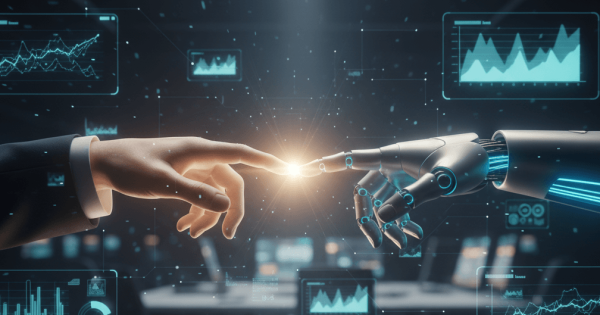 Mână umană și mână de robot atingându-se, simbolizând rolul AI generativ în optimizarea Performance Max pentru marketingul digital, înconjurate de grafice și date.