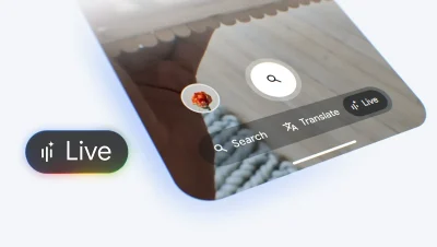 Interfața Google Search Live arată butonul "Live" pentru căutare vizuală și vocală în aplicația Google pe un smartphone, alături de opțiunile Search și Translate, cu o floare roșie în prim-plan.