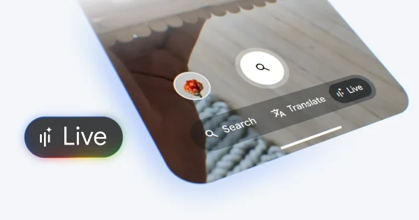 Interfața Google Search Live arată butonul "Live" pentru căutare vizuală și vocală în aplicația Google pe un smartphone, alături de opțiunile Search și Translate, cu o floare roșie în prim-plan.