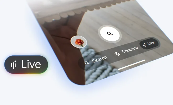 Interfața Google Search Live arată butonul "Live" pentru căutare vizuală și vocală în aplicația Google pe un smartphone, alături de opțiunile Search și Translate, cu o floare roșie în prim-plan.