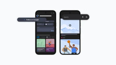 Două telefoane care afișează noile funcționalități din Google Discover, inclusiv butonul "Follow on Google".