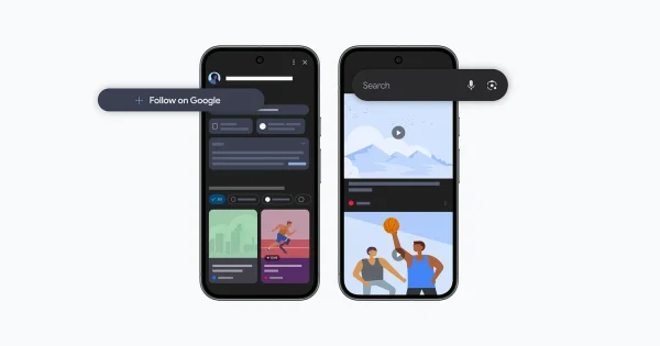 Două telefoane care afișează noile funcționalități din Google Discover, inclusiv butonul "Follow on Google".