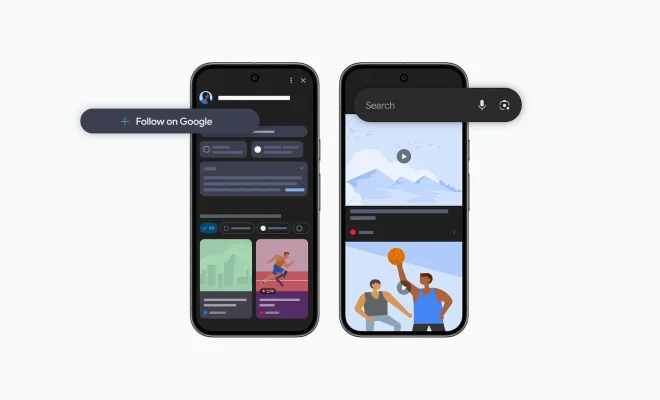 Două telefoane care afișează noile funcționalități din Google Discover, inclusiv butonul "Follow on Google".