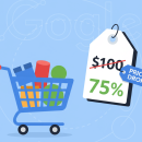 Ilustrație ce simbolizează gestionarea prețurilor în Google Shopping, cu o etichetă de reducere