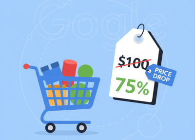 Ilustrație ce simbolizează gestionarea prețurilor în Google Shopping, cu o etichetă de reducere