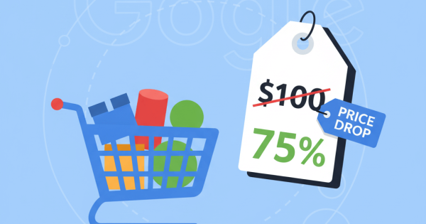 Ilustrație ce simbolizează gestionarea prețurilor în Google Shopping, cu o etichetă de reducere