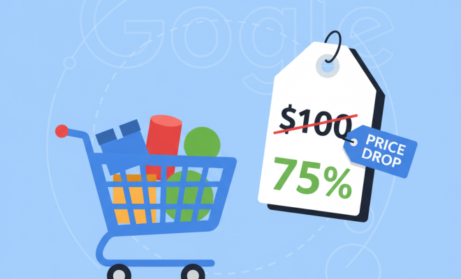 Ilustrație ce simbolizează gestionarea prețurilor în Google Shopping, cu o etichetă de reducere