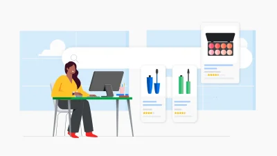 Ilustrație despre cum funcționează inteligența artificială în Google Ads pentru a afișa produse cosmetice relevante unui utilizator.