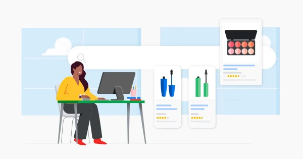 Ilustrație despre cum funcționează inteligența artificială în Google Ads pentru a afișa produse cosmetice relevante unui utilizator.