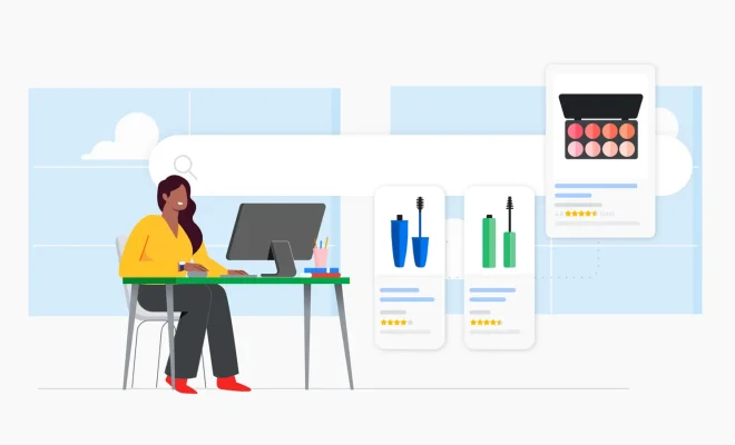 Ilustrație despre cum funcționează inteligența artificială în Google Ads pentru a afișa produse cosmetice relevante unui utilizator.