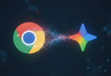 Logo-ul Google Chrome și logo-ul Gemini conectate printr-un flux dinamic de energie digitală, simbolizând integrarea AI. Imaginea ilustrează conceptul "Gemini în Chrome" și noua eră a navigării inteligente.