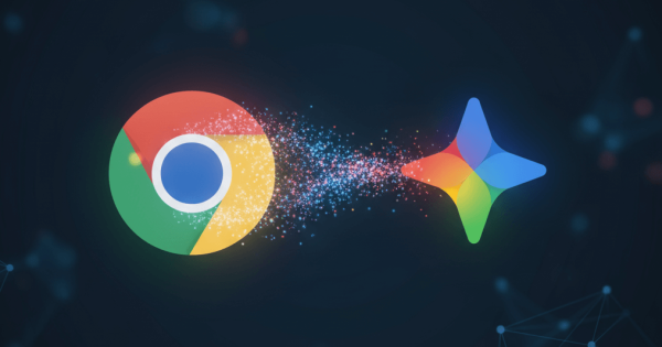 Logo-ul Google Chrome și logo-ul Gemini conectate printr-un flux dinamic de energie digitală, simbolizând integrarea AI. Imaginea ilustrează conceptul "Gemini în Chrome" și noua eră a navigării inteligente.
