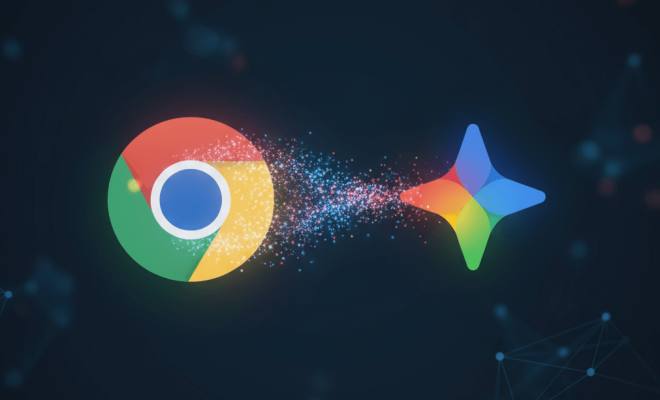 Logo-ul Google Chrome și logo-ul Gemini conectate printr-un flux dinamic de energie digitală, simbolizând integrarea AI. Imaginea ilustrează conceptul "Gemini în Chrome" și noua eră a navigării inteligente.