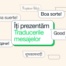 Ilustrație cu bule de chat care demonstrează funcția de traducere mesaje WhatsApp. Se observă traduceri pentru mesaje în diverse limbi, precum "Good luck!", ilustrând noua opțiune de traducere a mesajelor pe WhatsApp