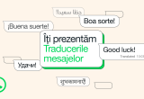 Ilustrație cu bule de chat care demonstrează funcția de traducere mesaje WhatsApp. Se observă traduceri pentru mesaje în diverse limbi, precum "Good luck!", ilustrând noua opțiune de traducere a mesajelor pe WhatsApp