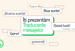 Ilustrație cu bule de chat care demonstrează funcția de traducere mesaje WhatsApp. Se observă traduceri pentru mesaje în diverse limbi, precum "Good luck!", ilustrând noua opțiune de traducere a mesajelor pe WhatsApp