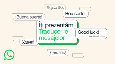 Ilustrație cu bule de chat care demonstrează funcția de traducere mesaje WhatsApp. Se observă traduceri pentru mesaje în diverse limbi, precum "Good luck!", ilustrând noua opțiune de traducere a mesajelor pe WhatsApp